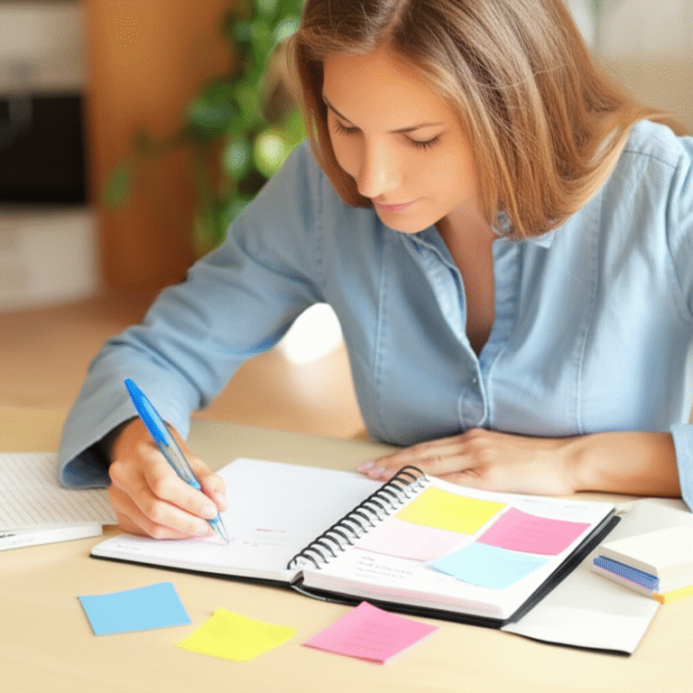Planejamento da Organização Doméstica Mulher planejando organização de casa em um caderno.