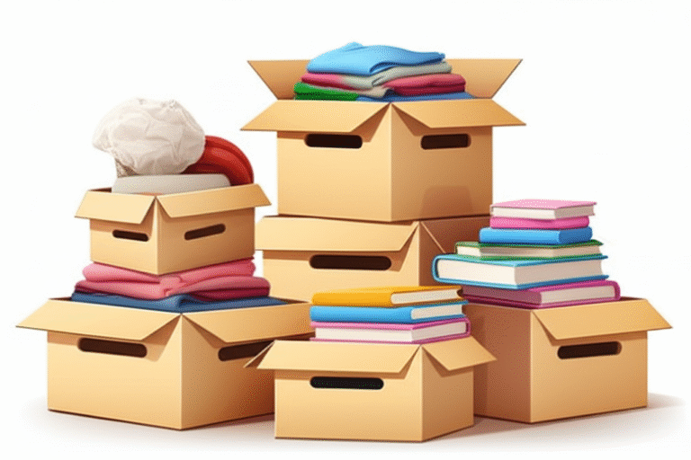 Destralhe Consciente Caixas com objetos para doação.