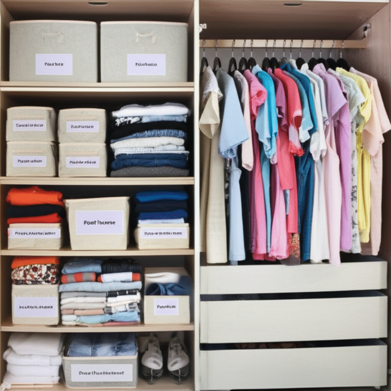 Organização Personalizada Armário organizado com roupas dobradas e caixas.