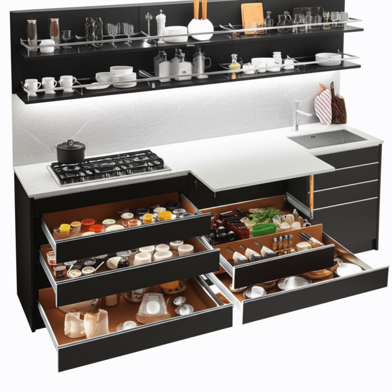Cozinha Acessível para Idosos Cozinha organizada com prateleiras ajustáveis e gavetas deslizantes