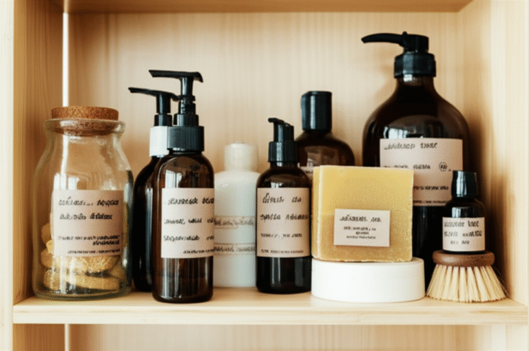 Organização Sustentável e Mindfulness Produtos de limpeza naturais e ecológicos em prateleiras