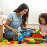 Mãe e filha separando brinquedos para doação.