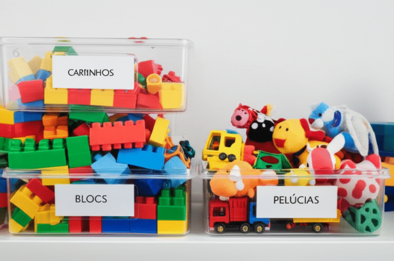 Organização Eficaz com Etiquetas Cestas organizadoras com brinquedos etiquetados.
