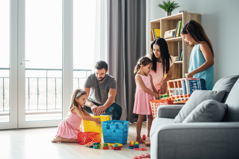 Rotina de Organização Familiar Família arrumando a casa juntos.