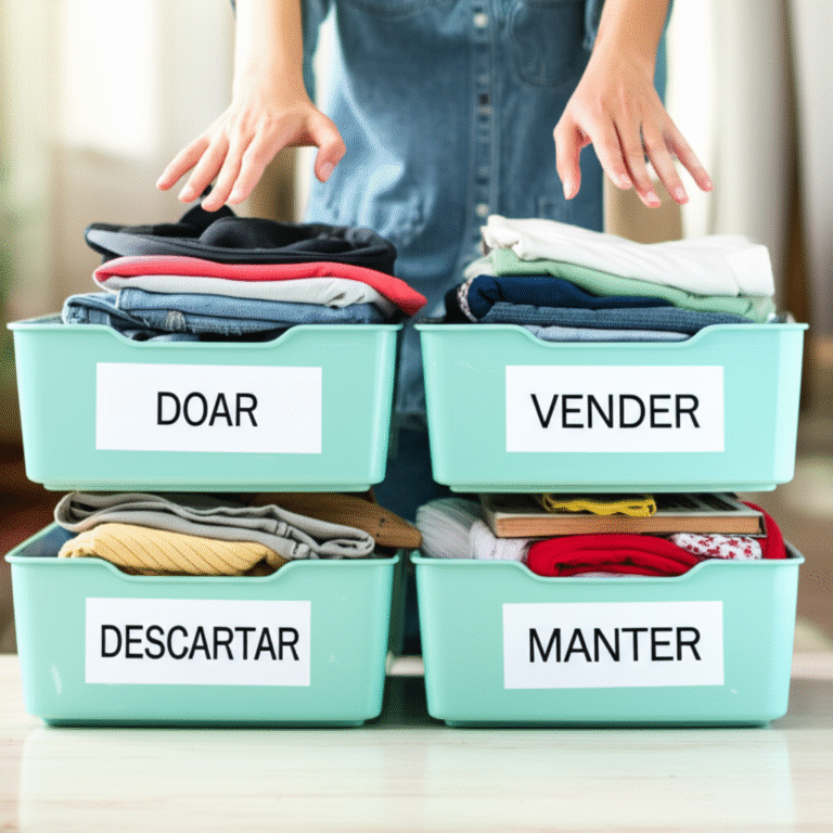 Categorizando itens para destralhar. Mãos separando objetos em caixas rotuladas.