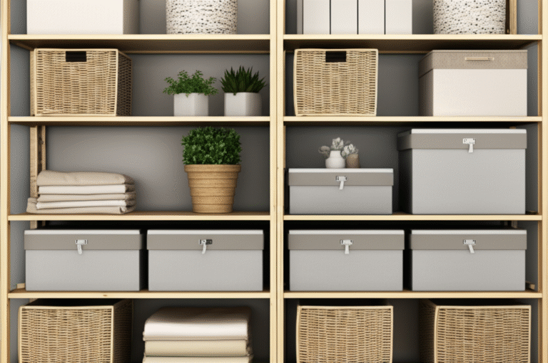 Organização com caixas e cestos. Estantes organizadas com caixas e cestos.